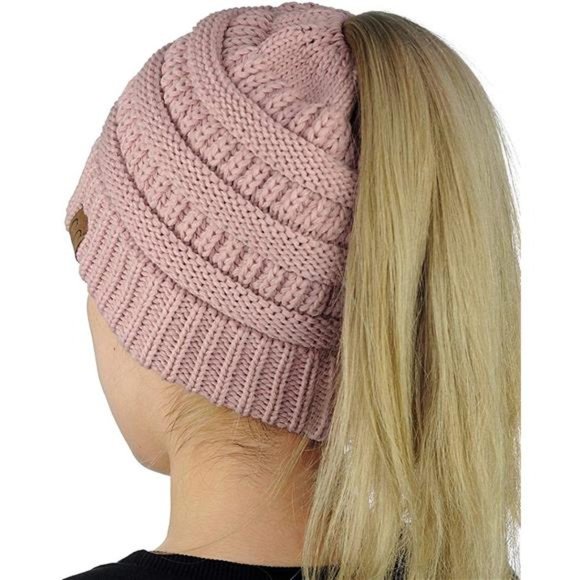 C.C BeanieTail Soft Stretch Cable Knit Messy High Bun Ponytail Beanie Hat main image 4